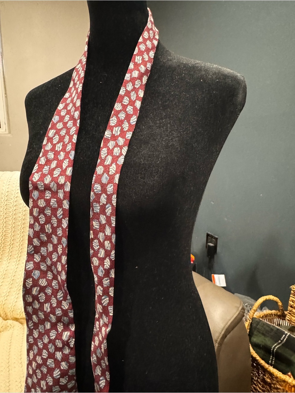 Valentino Burgundy Skinny Leaf-Print Scarf